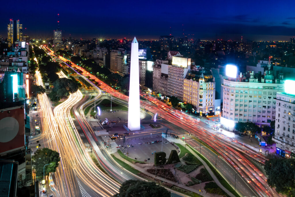 Aerial view of Buenos Aires and 9 de julio avenue at night – Bue